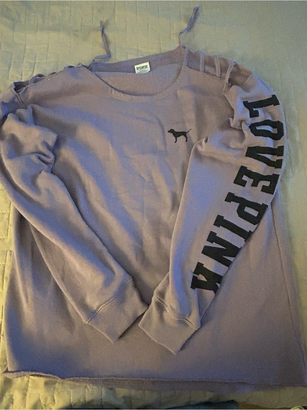 PINK Victoria's Secret Lavender Crewneck Sweater with Black Sleeve Logo
